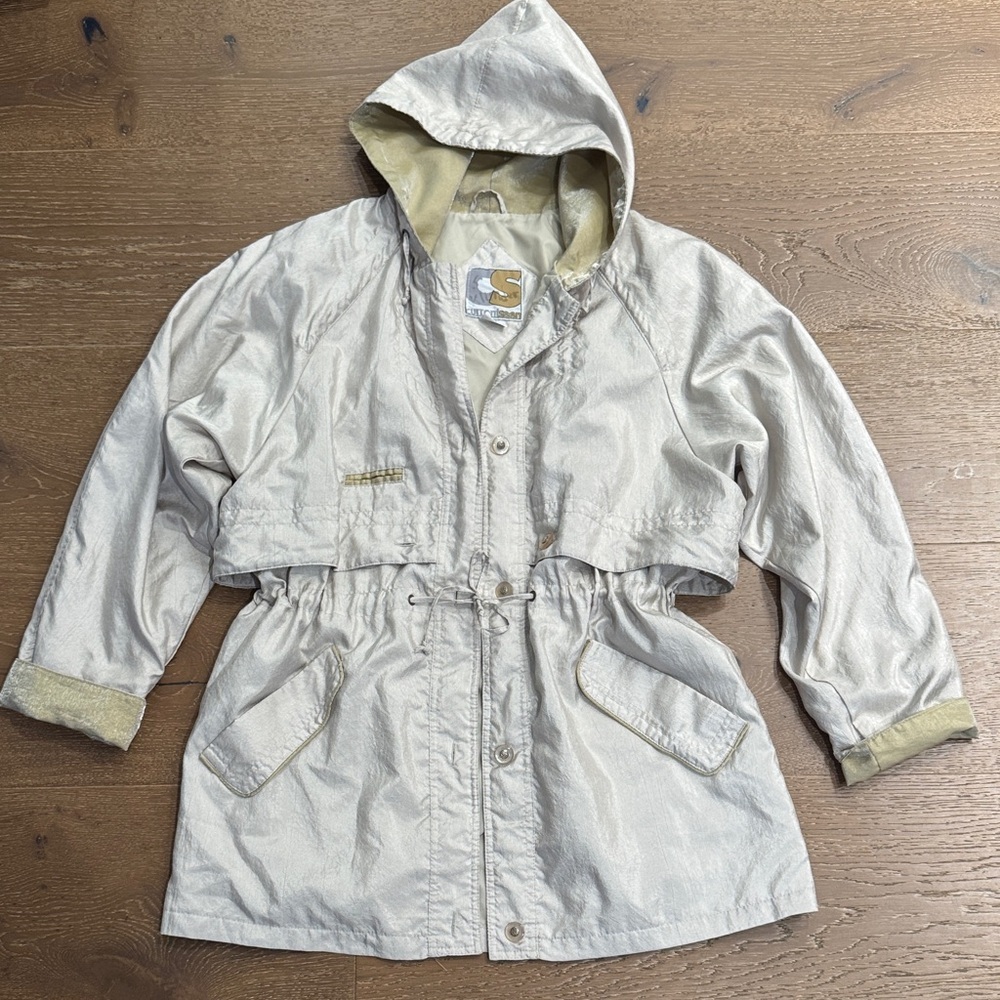 Vintage Style Hooded Utility Jacket Beige Drawstring Waist Size M